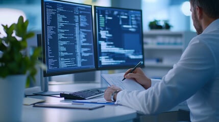 Medical Professional Reviewing Patient Invoice in Modern Office Setting